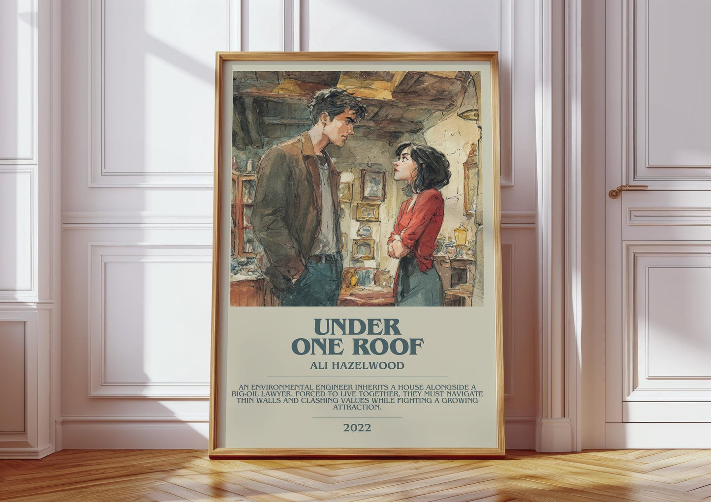 Under One Roof bookish print in frame leaning in hallway – romance wall art