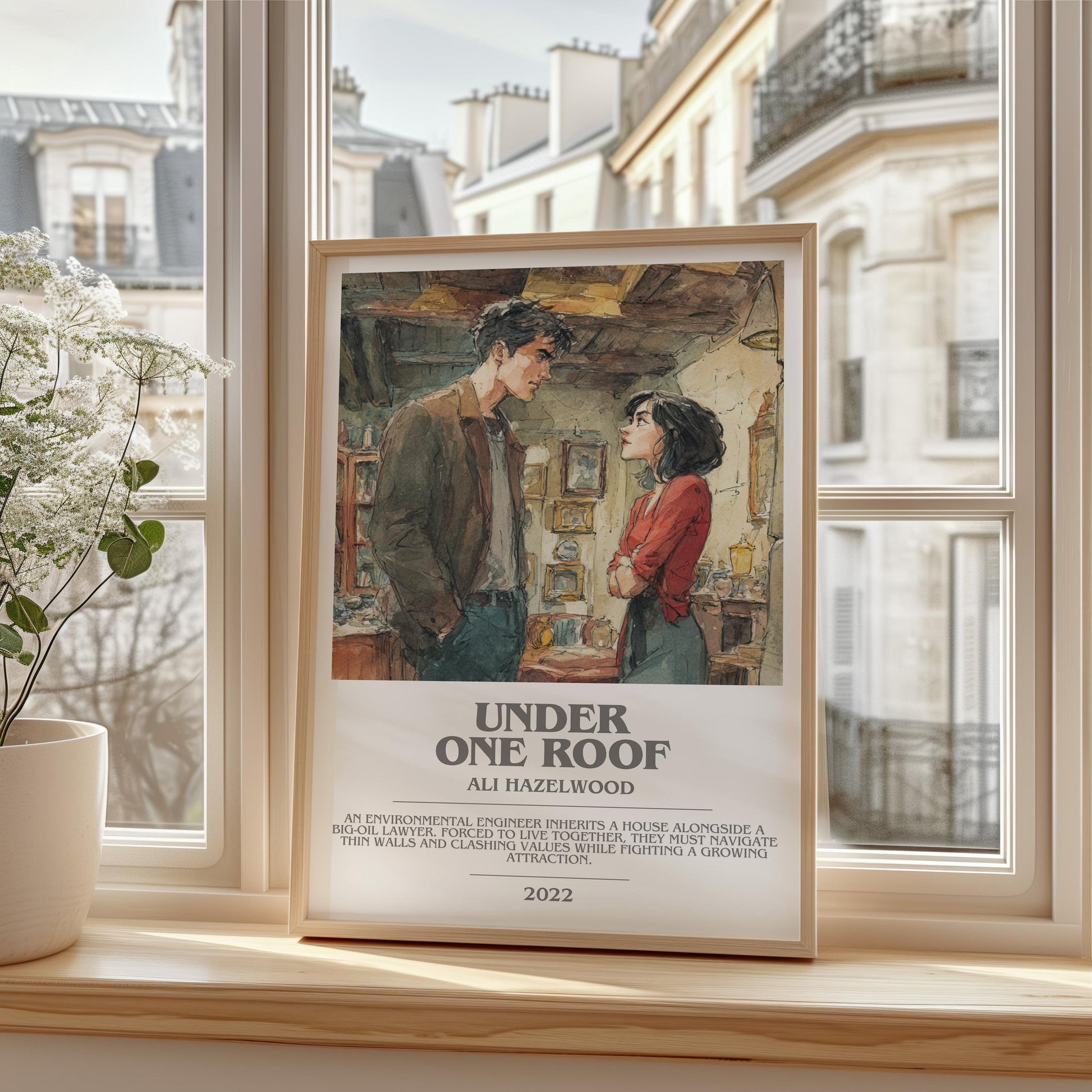 Under One Roof bookish print framed by window – literary home decor