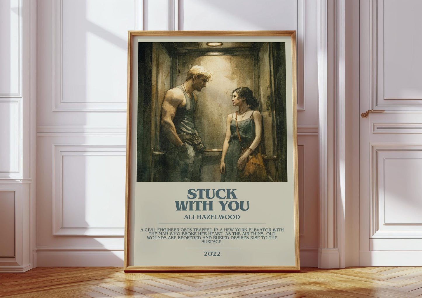 Stuck with You bookish print in frame leaning in hallway – romance wall art