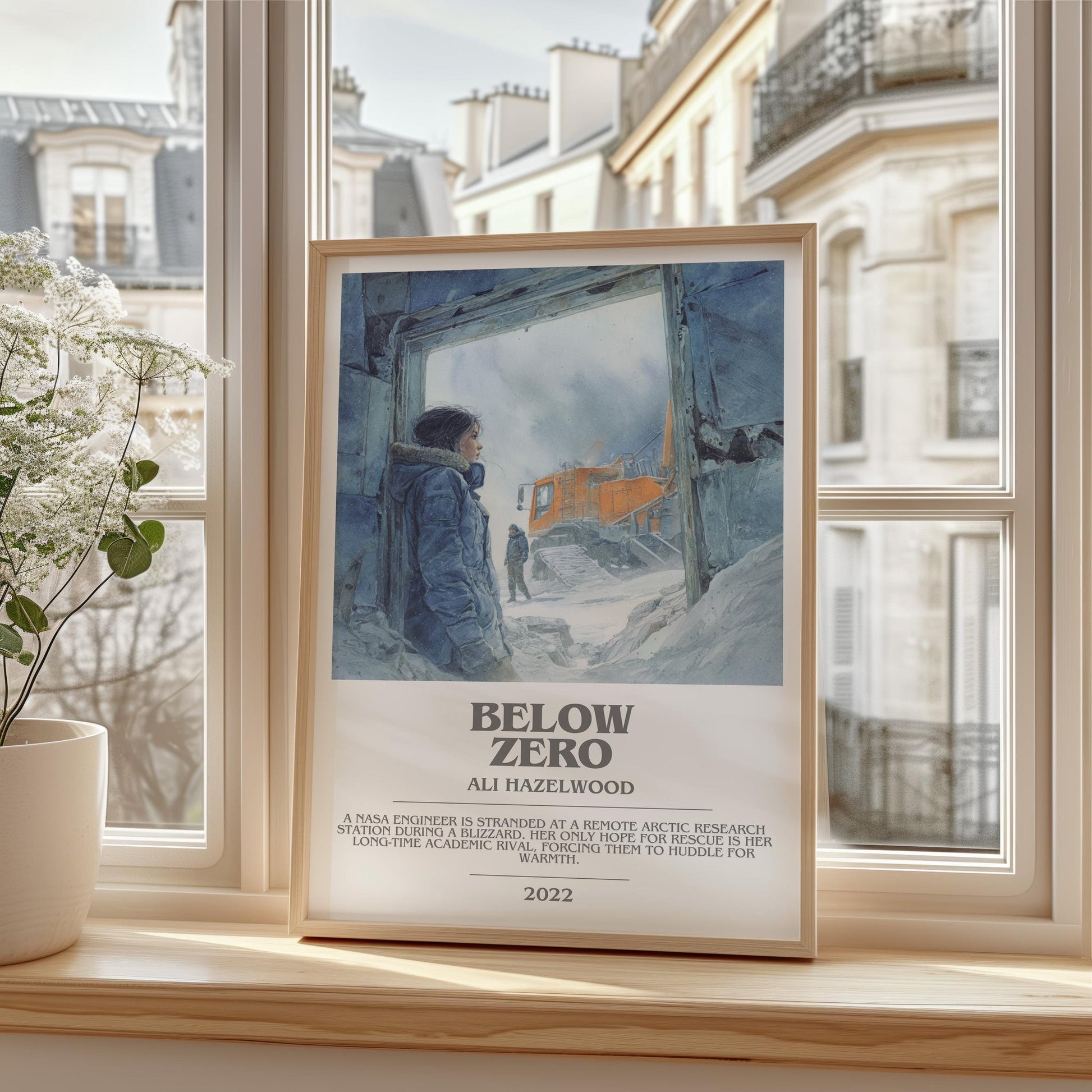 Below Zero bookish print framed by window – literary home decor
