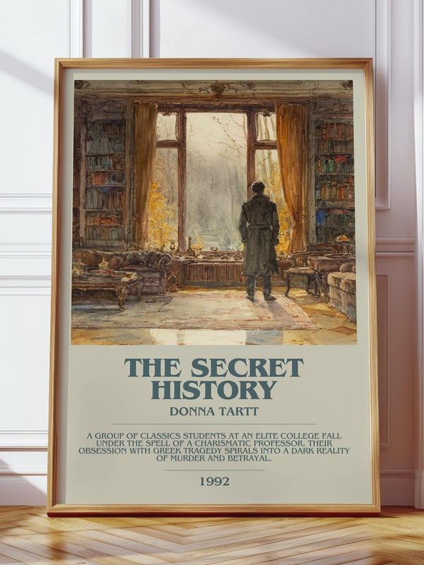 The Secret History bookish print in frame leaning in hallway – romance wall art
