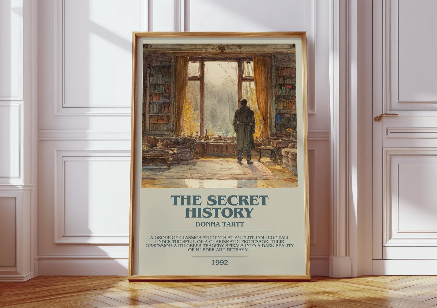 The Secret History bookish print in frame leaning in hallway – romance wall art