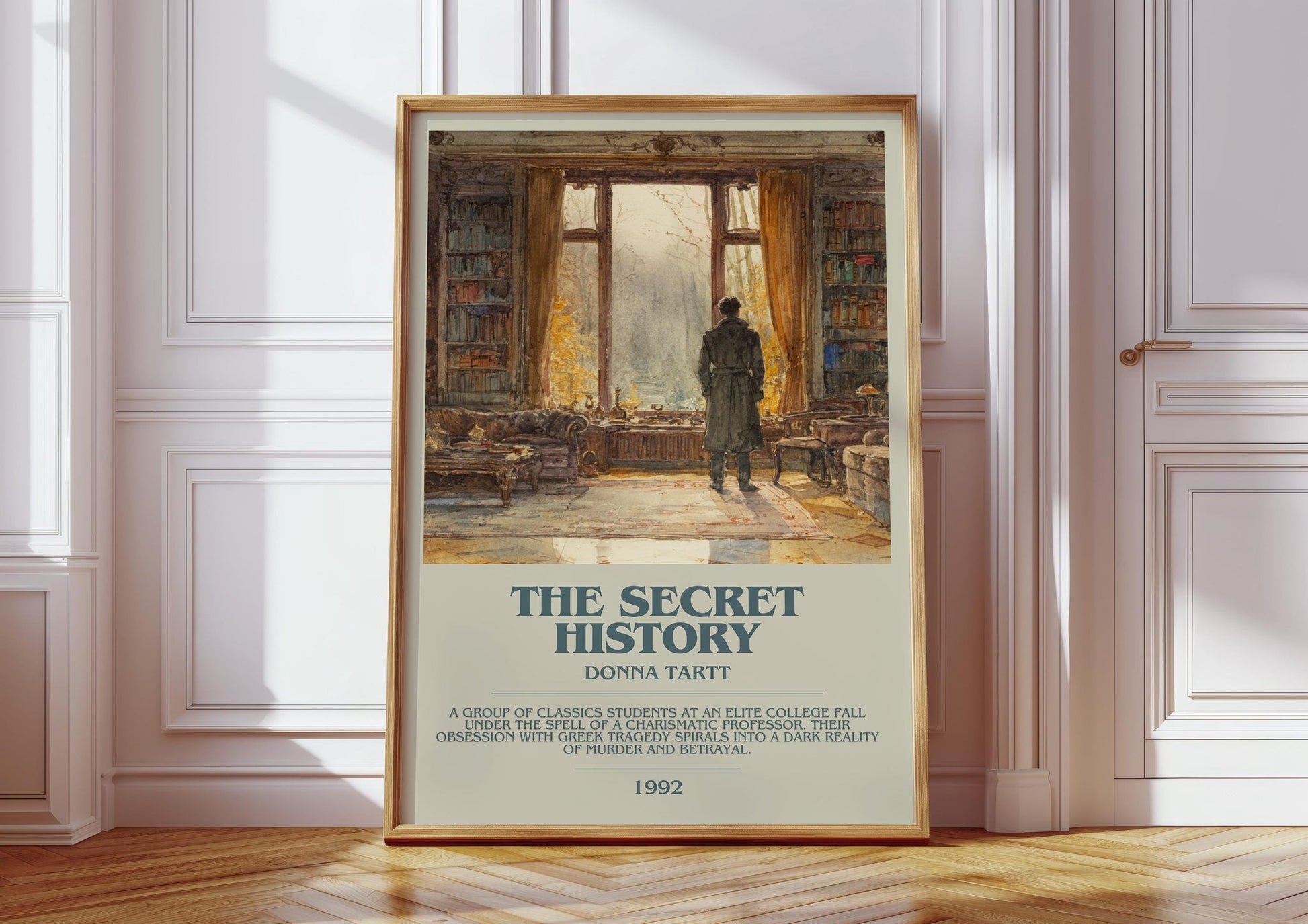 The Secret History bookish print in frame leaning in hallway – romance wall art