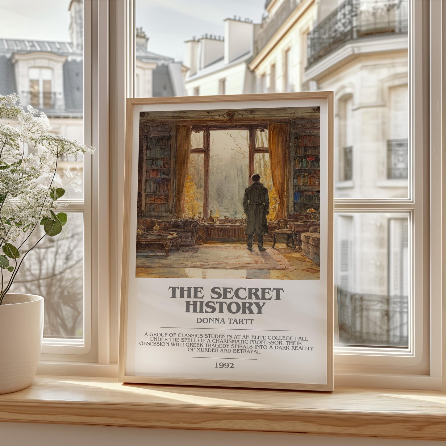 The Secret History bookish print framed by window – literary home decor