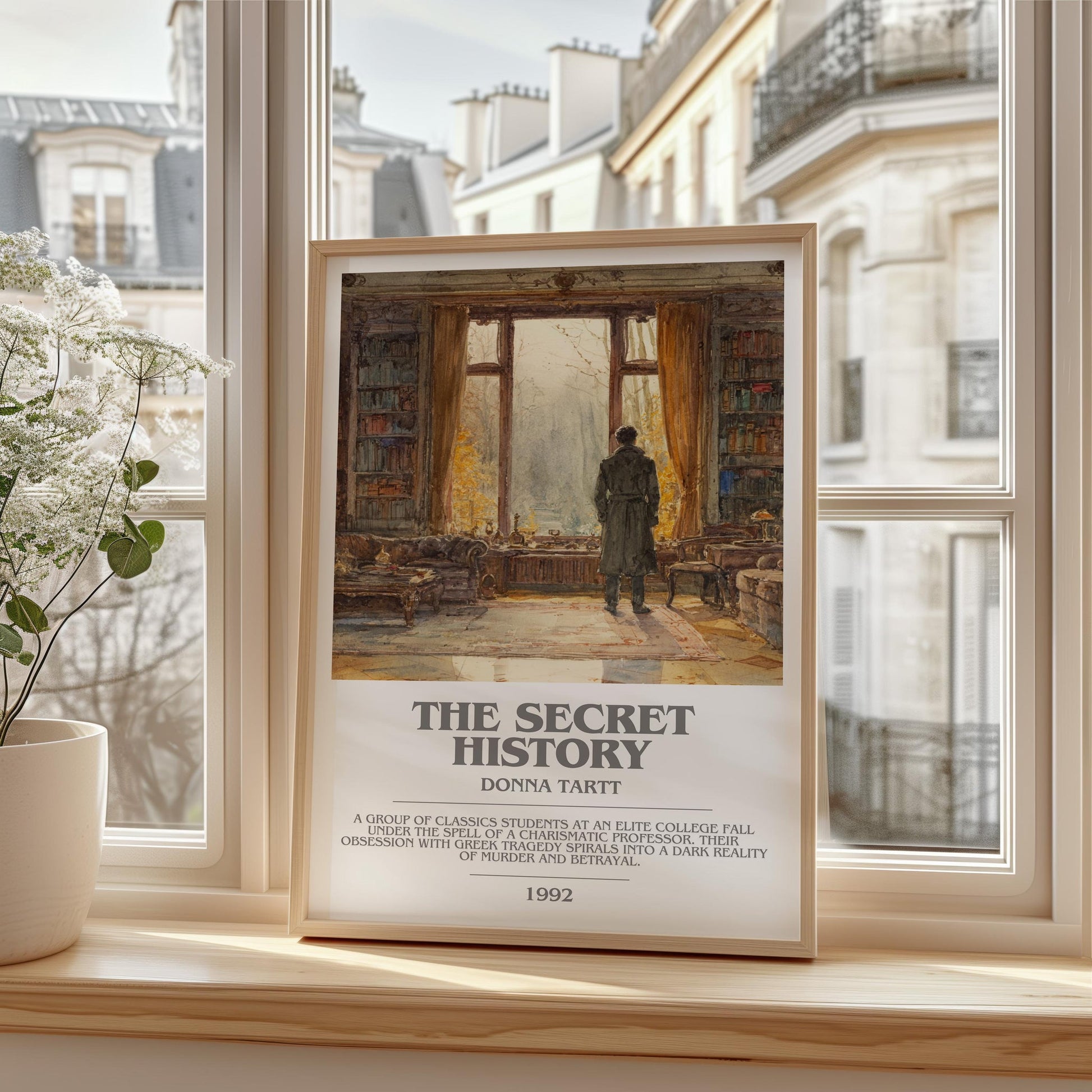 The Secret History bookish print framed by window – literary home decor