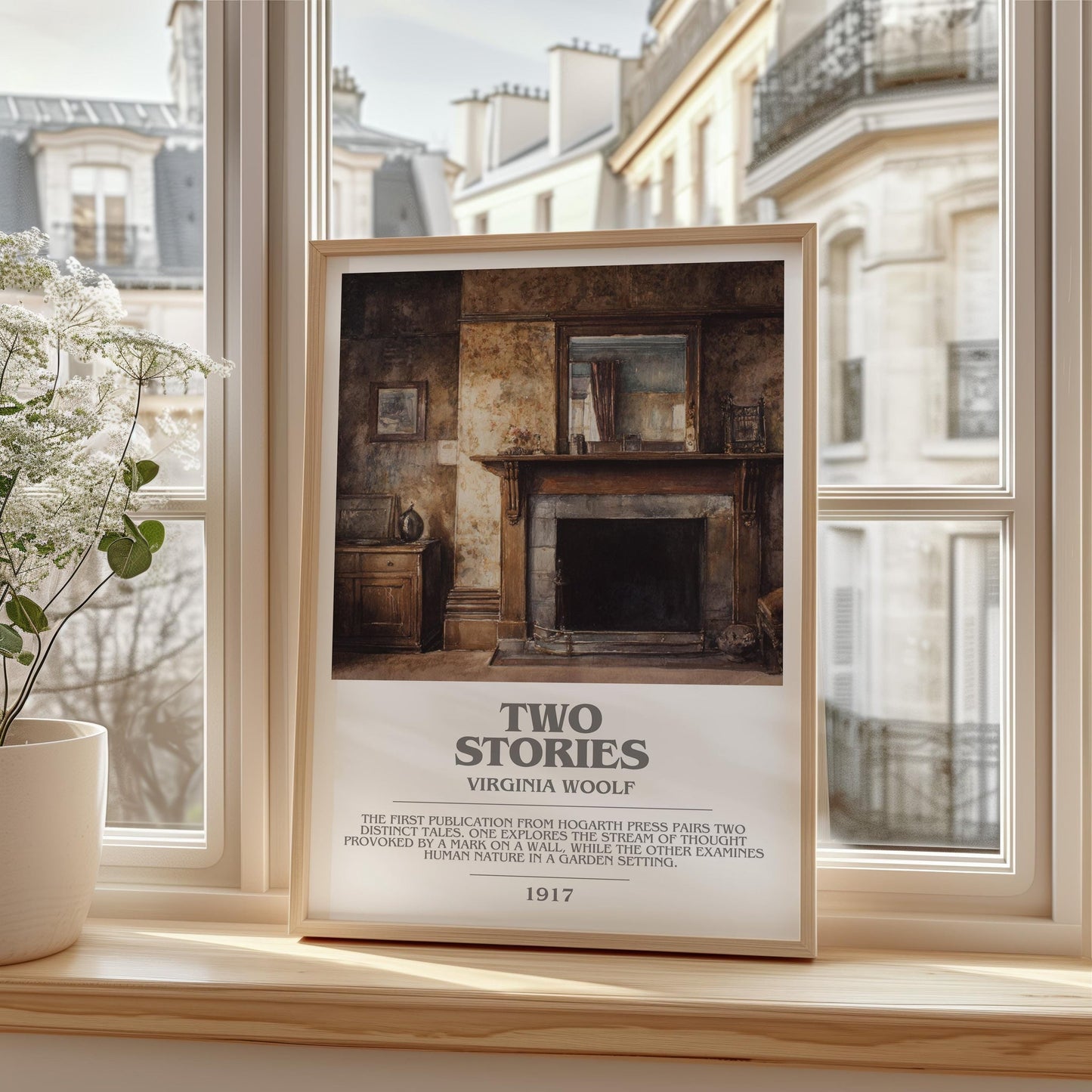 Two Stories bookish print framed by window – literary home decor