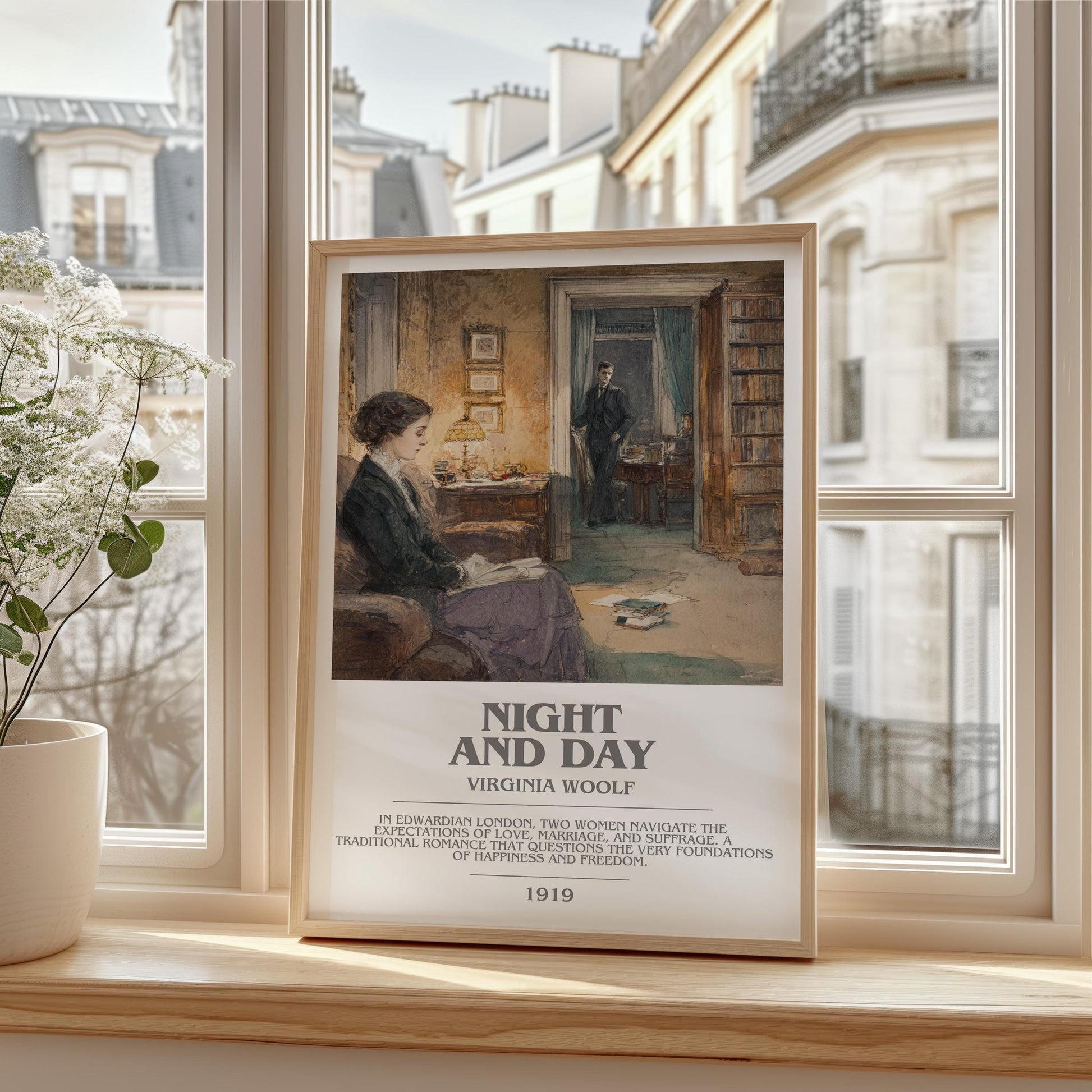 Night and Day bookish print framed by window – literary home decor