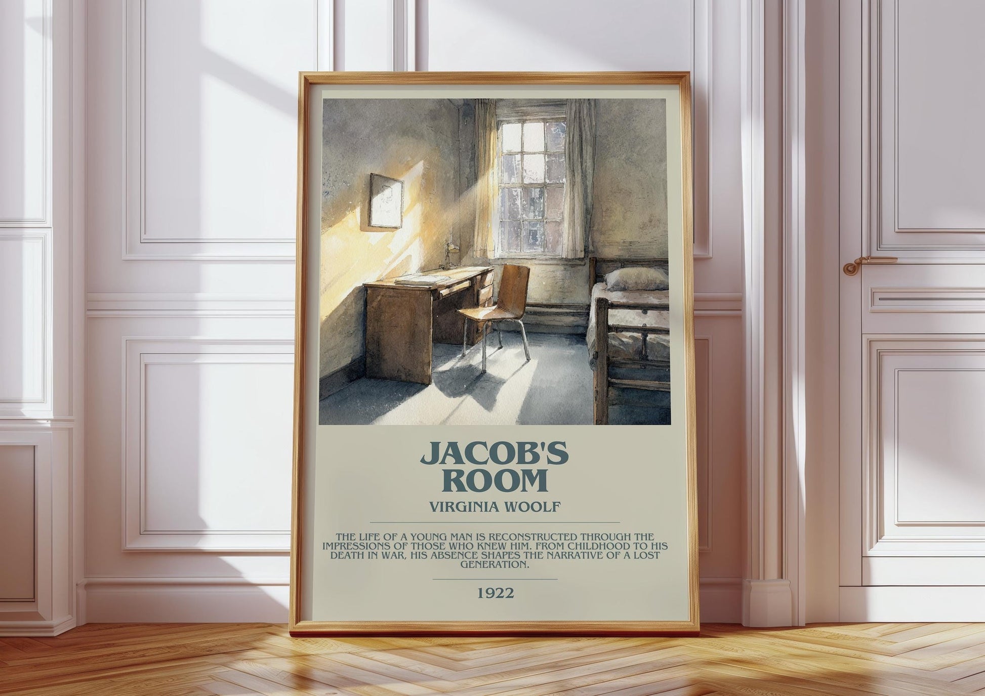 Jacob's Room bookish print in frame leaning in hallway – classic literature wall art