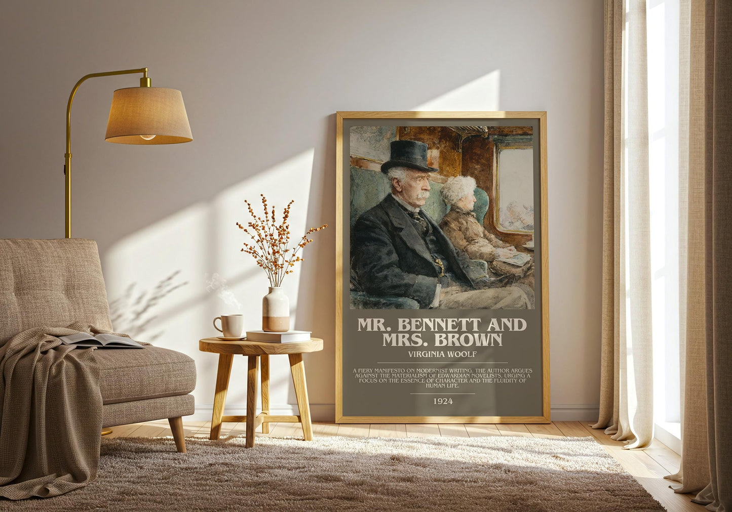 Mr. Bennett and Mrs. Brown bookish print on bookshelf – Virginia Woolf fan gift