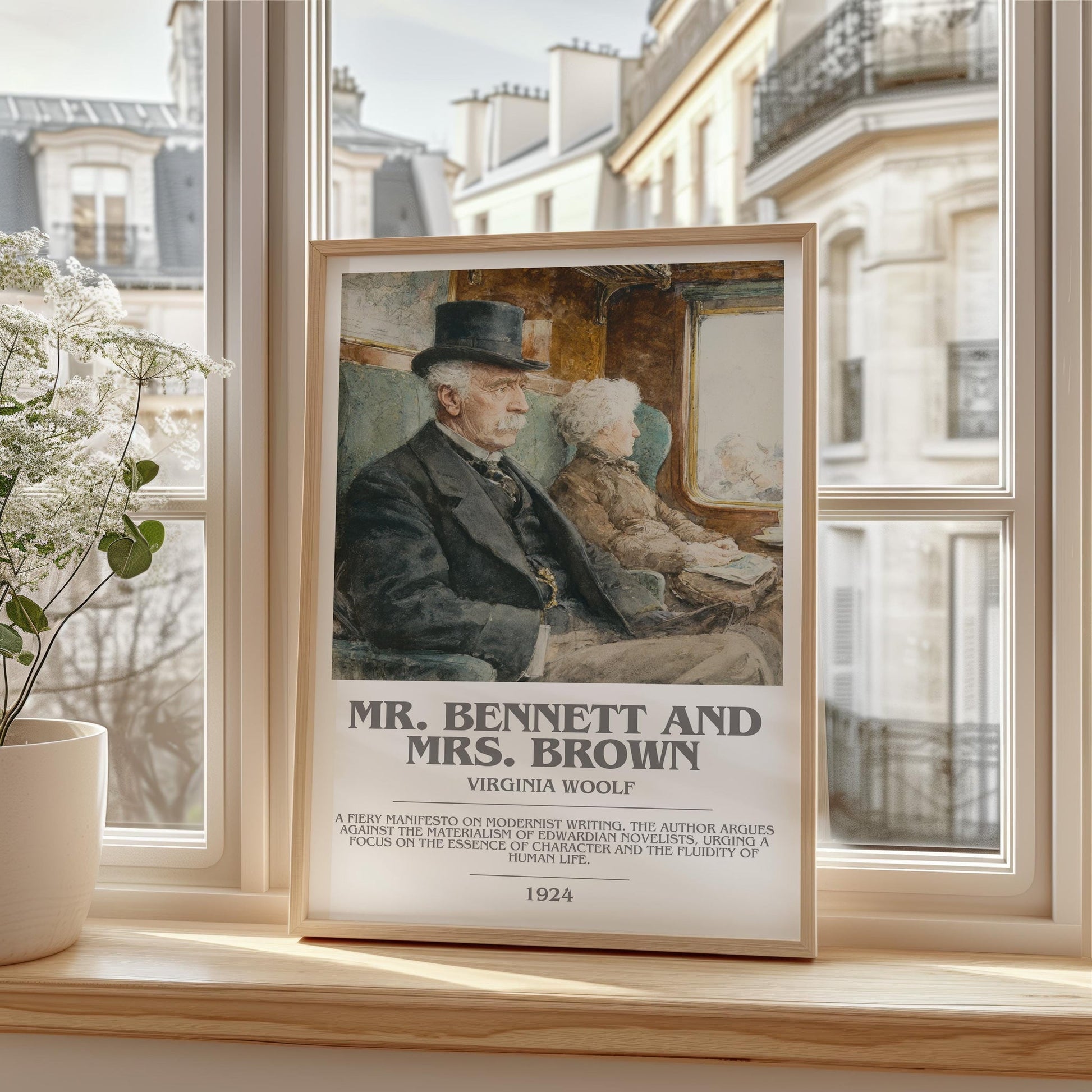 Mr. Bennett and Mrs. Brown bookish print framed by window – literary home decor