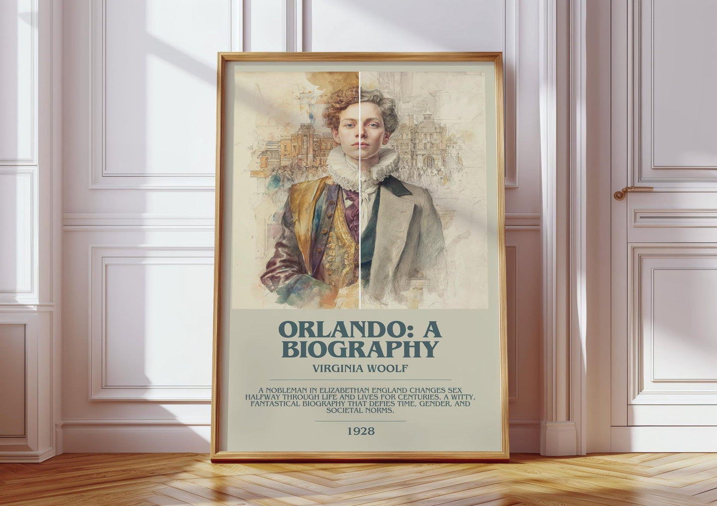 Orlando: A Biography bookish print in frame leaning in hallway – classic literature wall art