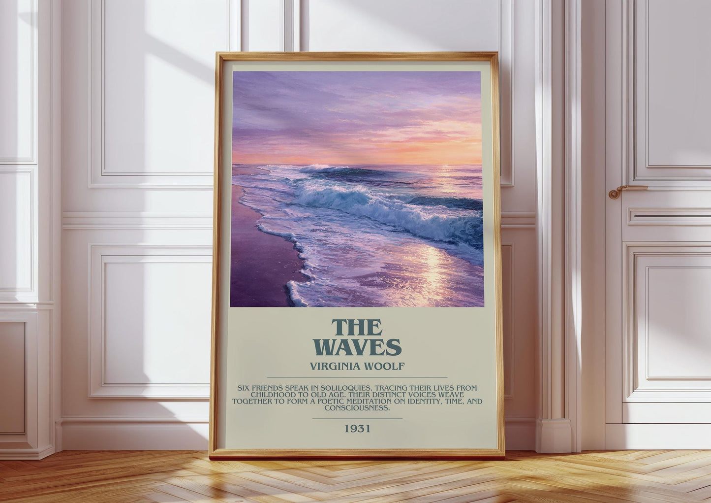 The Waves bookish print in frame leaning in hallway – non fiction wall art