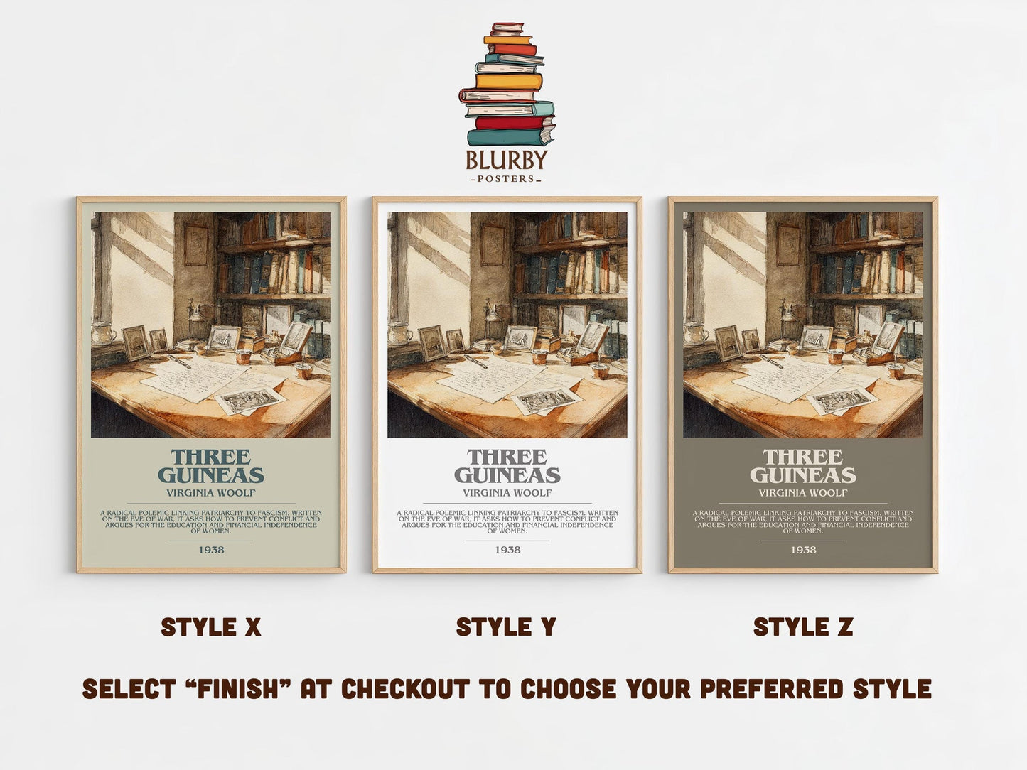 Three Guineas bookish poster colour and style options – Virginia Woolf book art