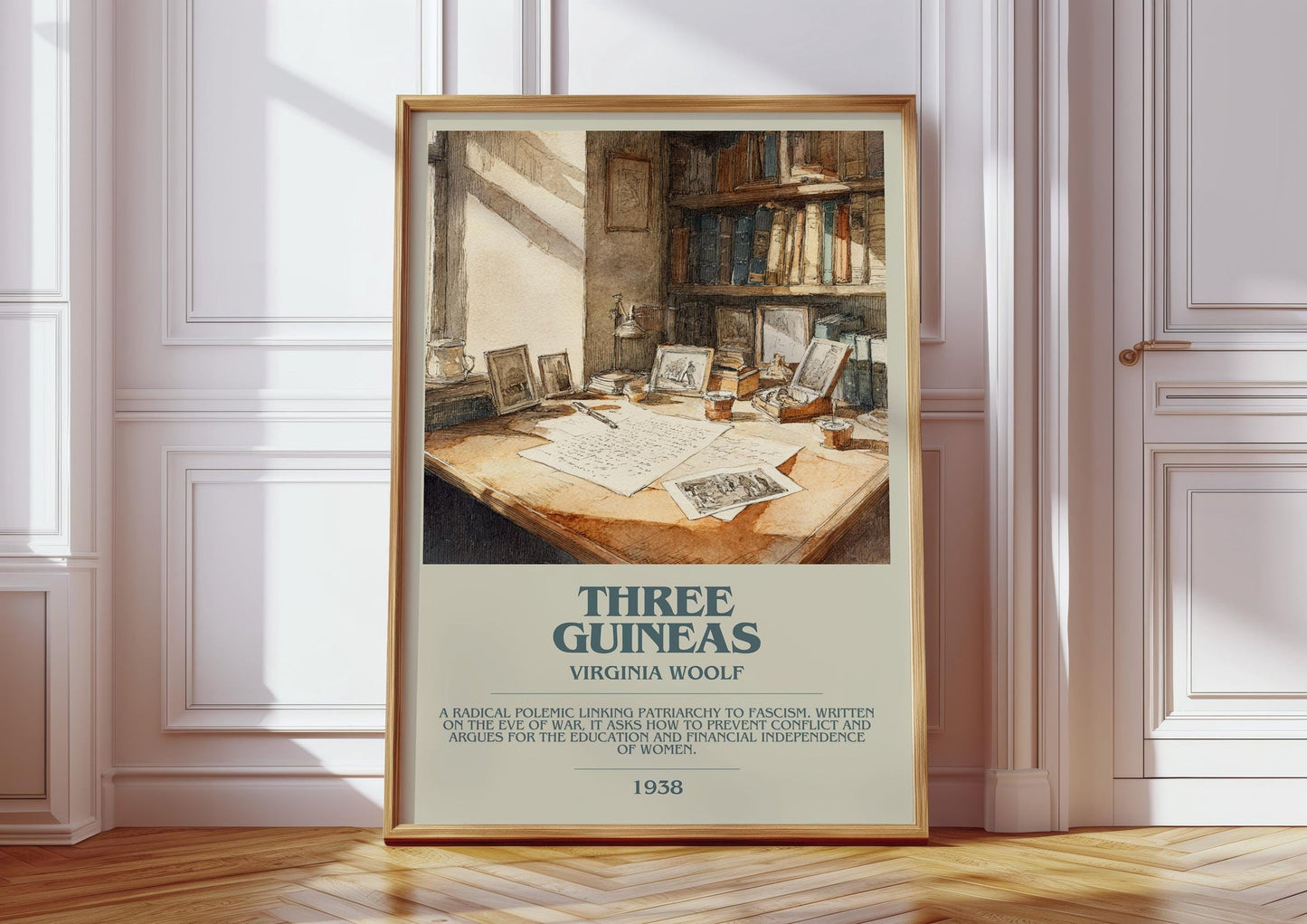Three Guineas bookish print in frame leaning in hallway – classic literature wall art