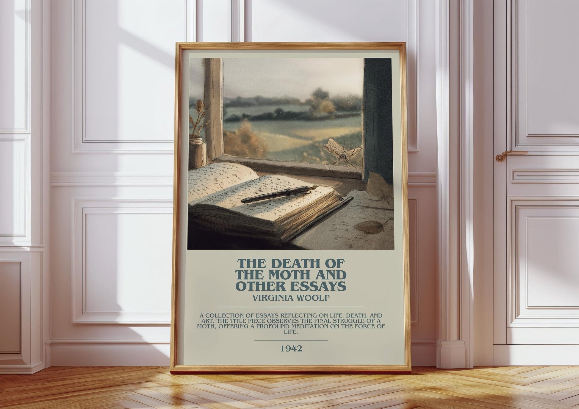The Death of the Moth and Other Essays bookish print in frame leaning in hallway – classic literature wall art