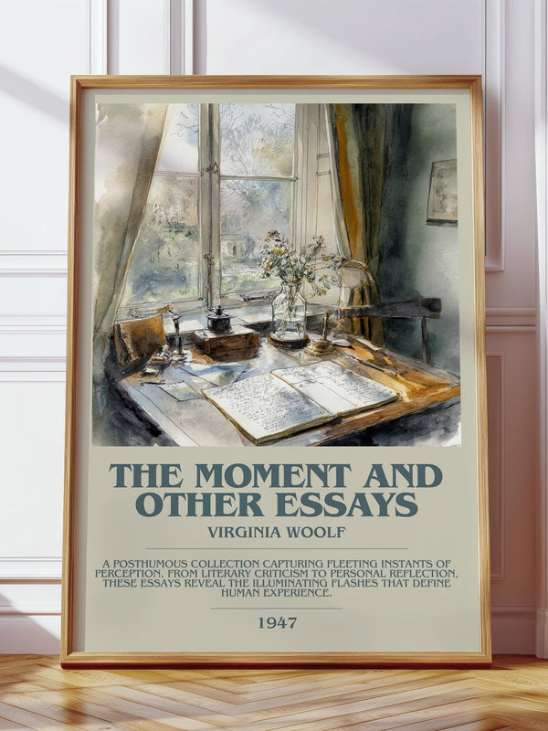The Moment And Other Essays bookish print in frame leaning in hallway – literary fiction wall art