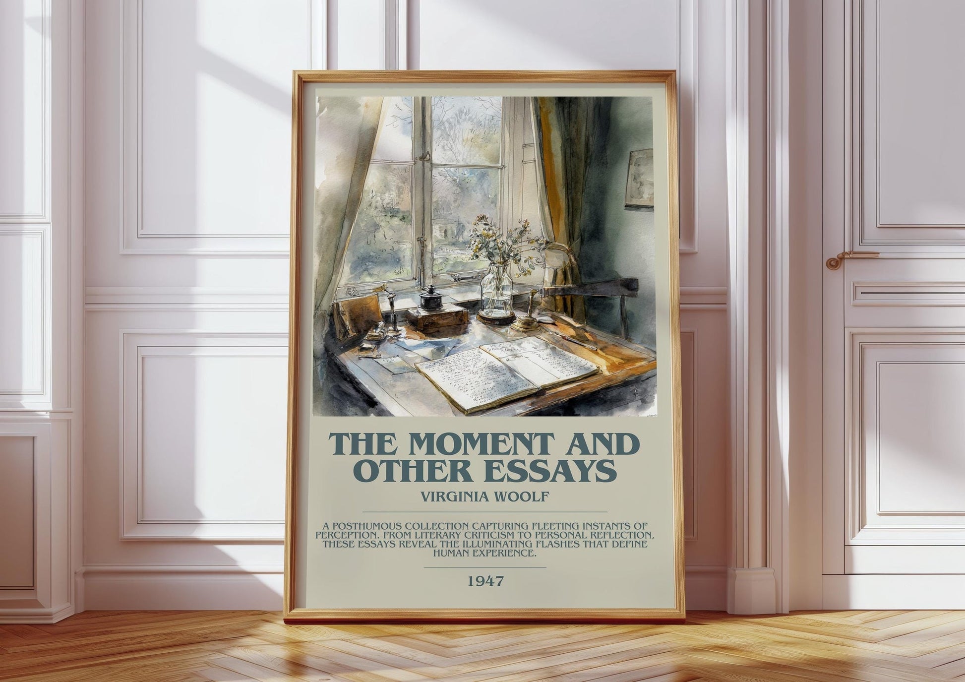 The Moment And Other Essays bookish print in frame leaning in hallway – literary fiction wall art