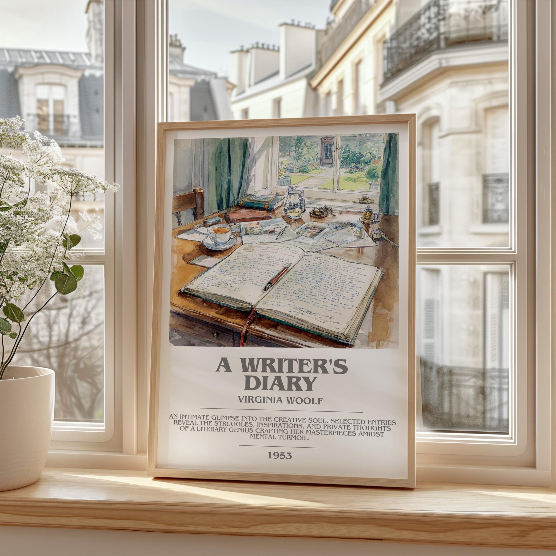 A Writer's Diary bookish print framed by window – literary home decor