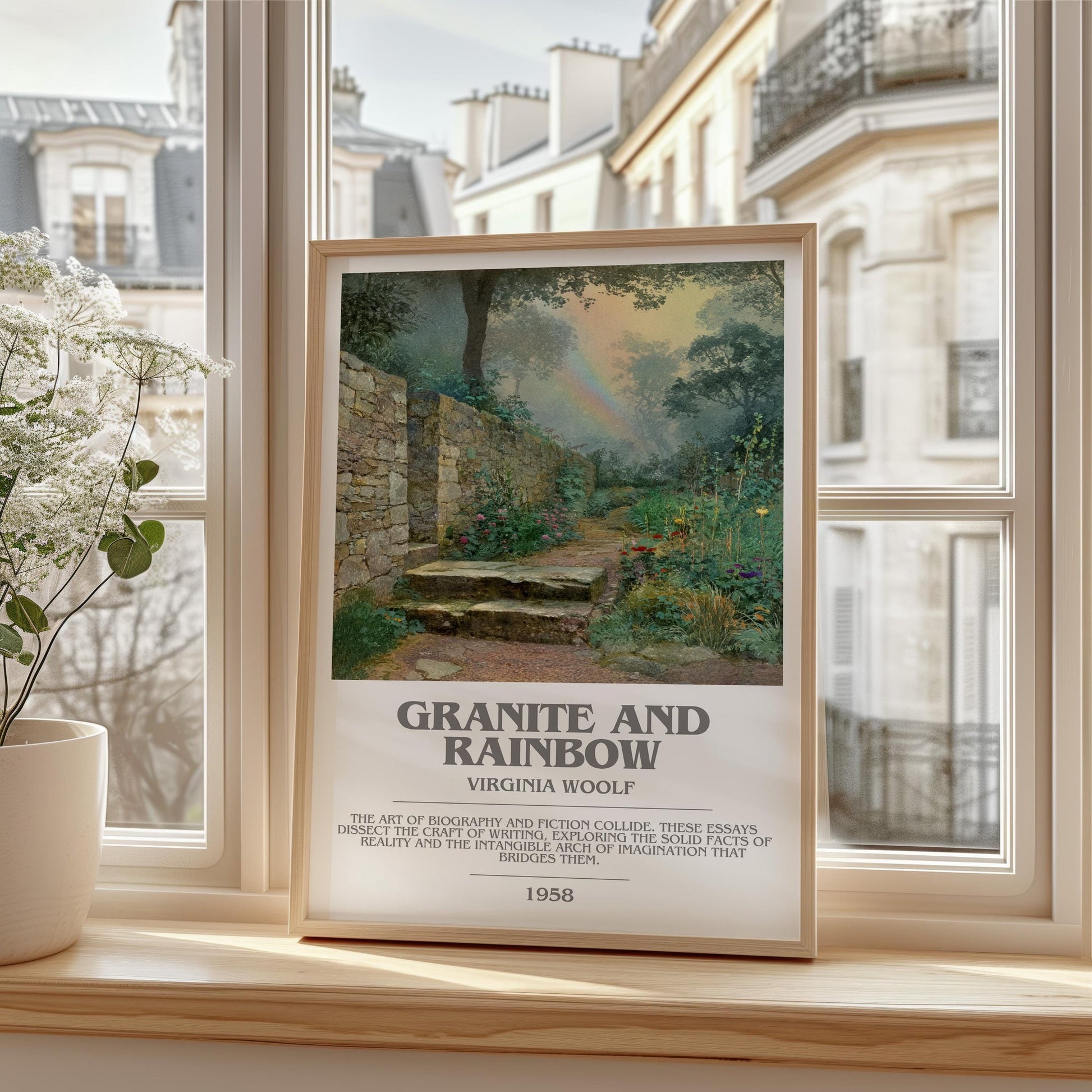 Granite and Rainbow bookish print framed by window – literary home decor