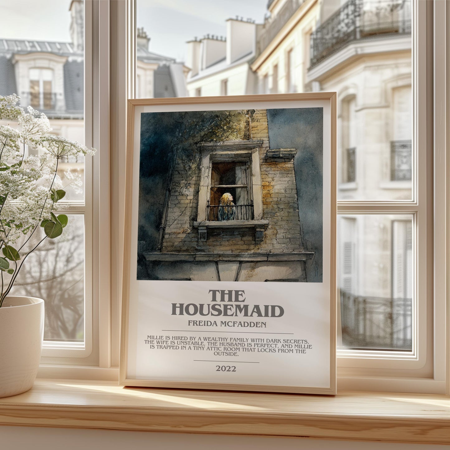 The Housemaid bookish print framed by window – literary home decor