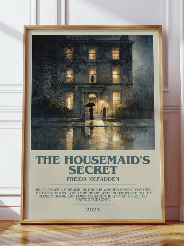 The Housemaid's Secret bookish print in frame leaning in hallway – thriller wall art