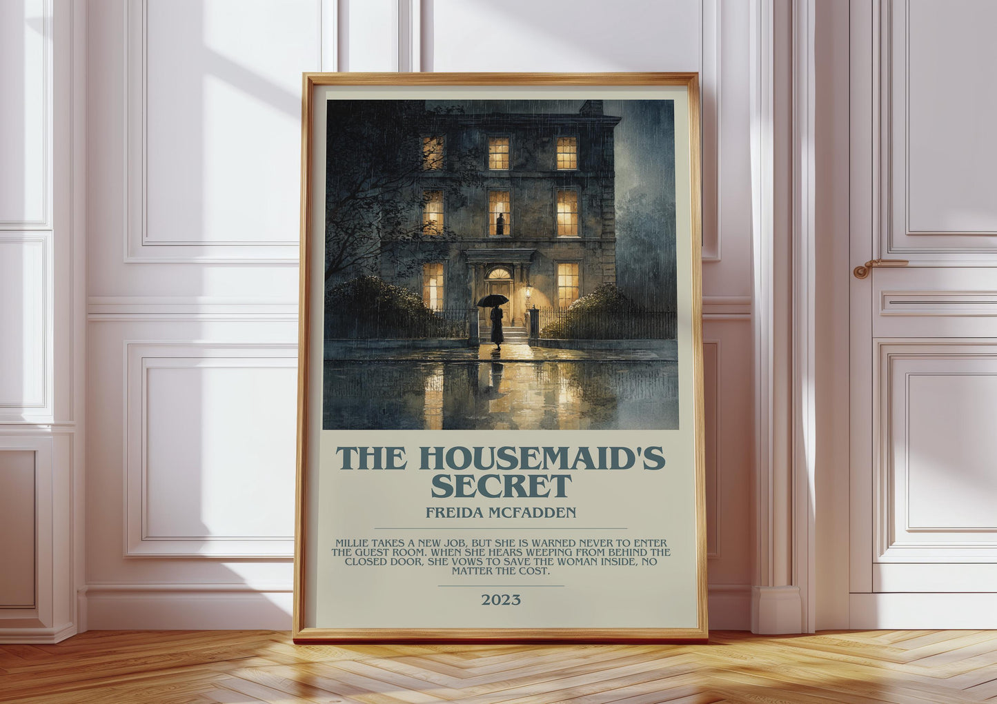 The Housemaid's Secret bookish print in frame leaning in hallway – thriller wall art