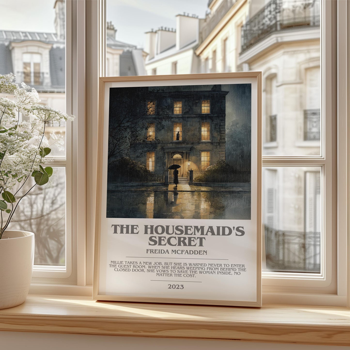 The Housemaid's Secret bookish print framed by window – literary home decor