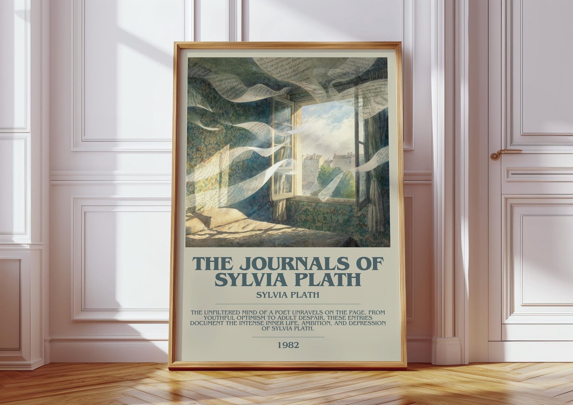 The Journals of Sylvia Plath bookish print in frame leaning in hallway – poetry wall art