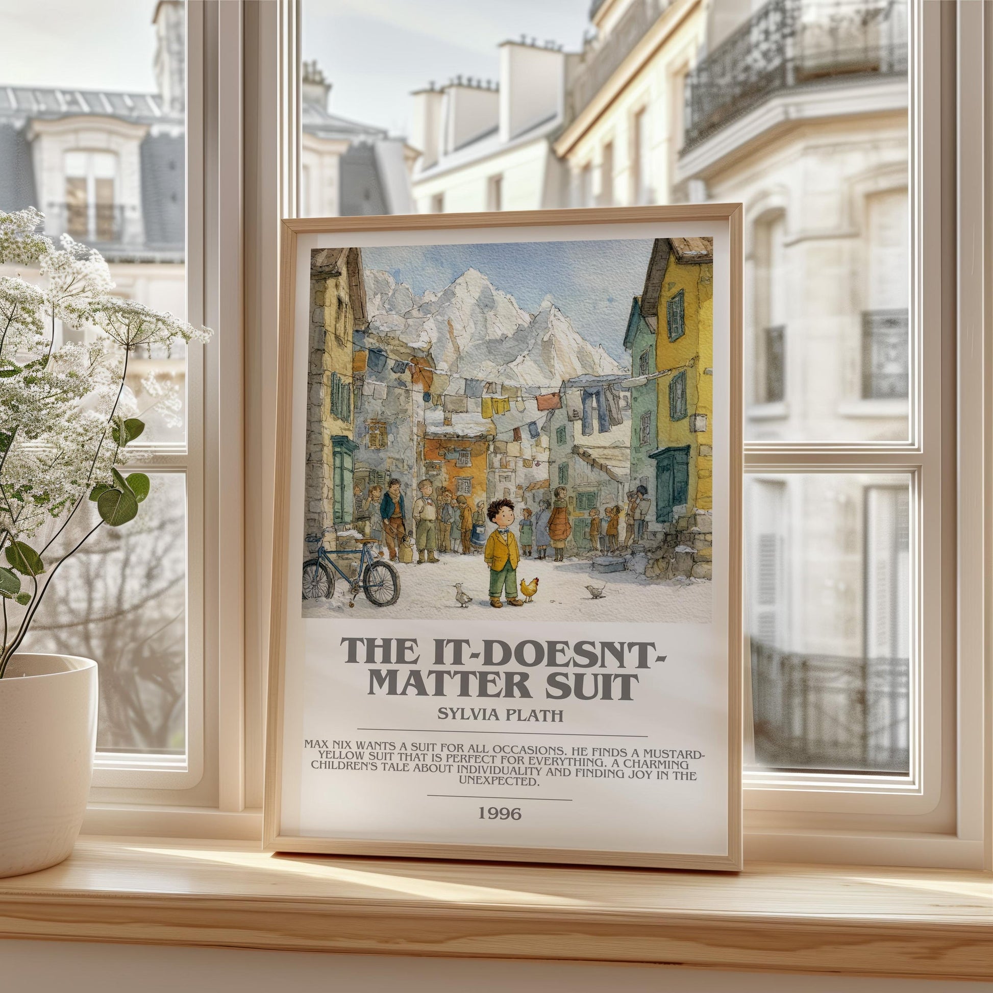 The It-Doesn't-Matter Suit bookish print framed by window – literary home decor