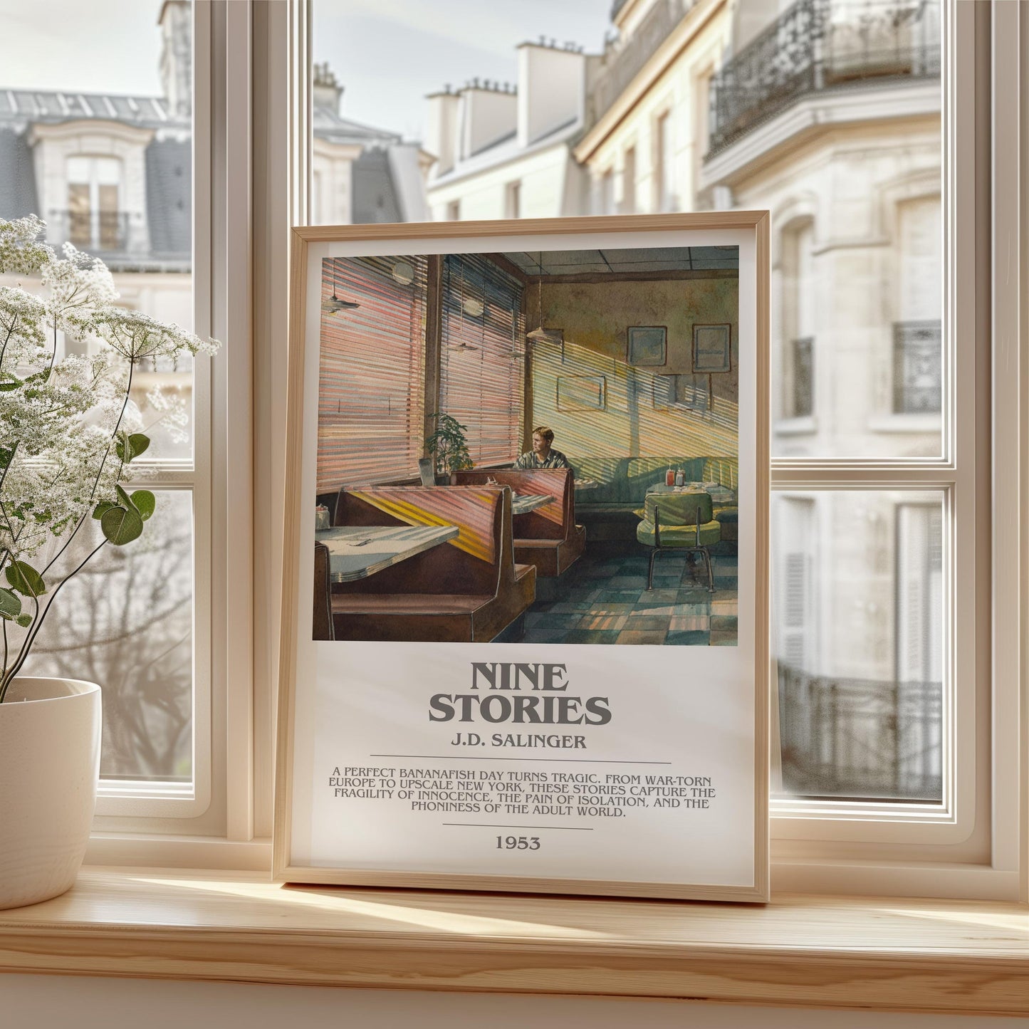 Nine Stories bookish print framed by window – literary home decor
