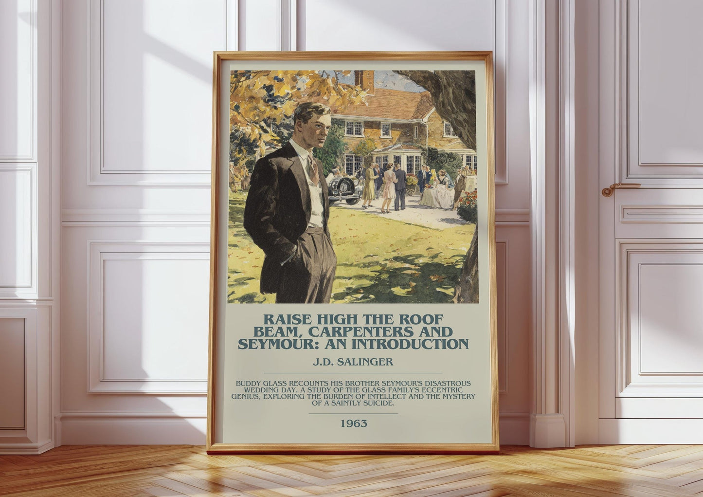 Raise High the Roof Beam, Carpenters and Seymour: An Introduction bookish print in frame leaning in hallway – classic