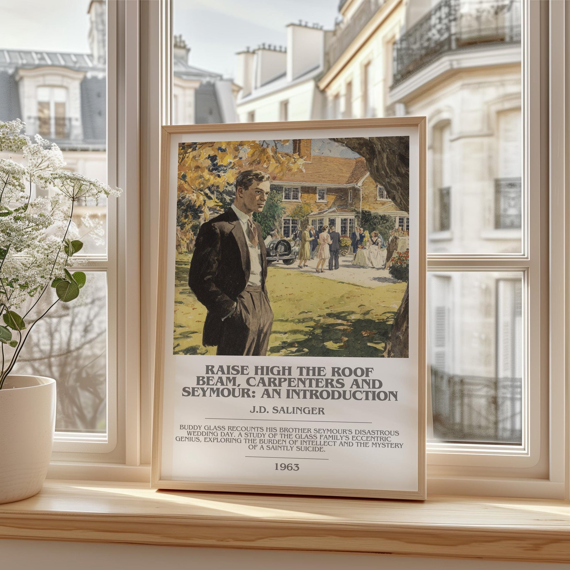 Raise High the Roof Beam, Carpenters and Seymour: An Introduction bookish print framed by window – literary home decor