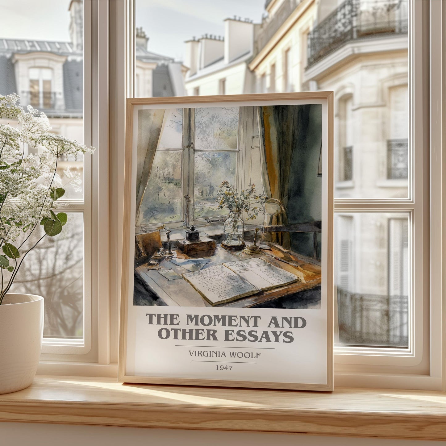 The Moment And Other Essays book cover print framed by window – literary home decor