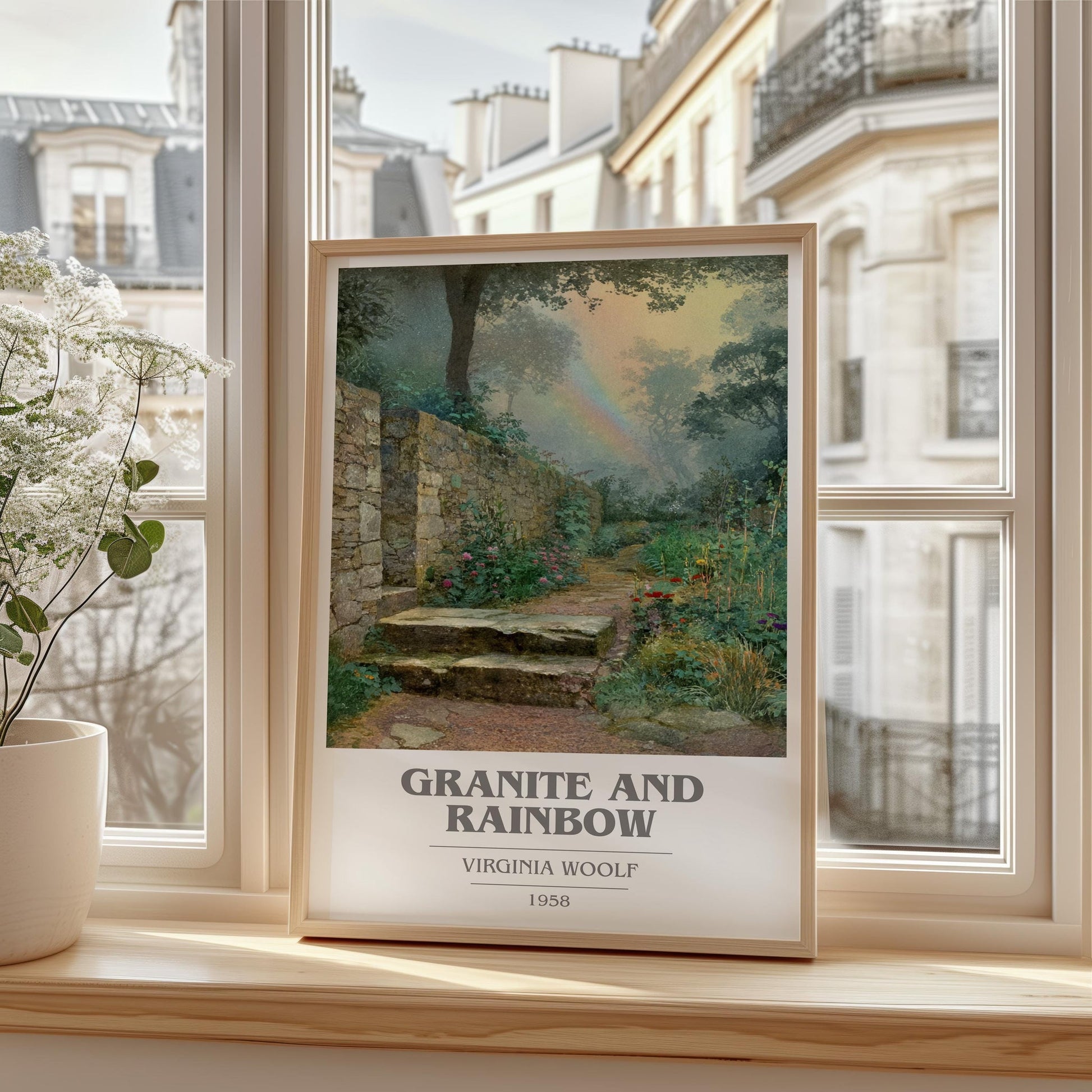 Granite and Rainbow book cover print framed by window – literary home decor