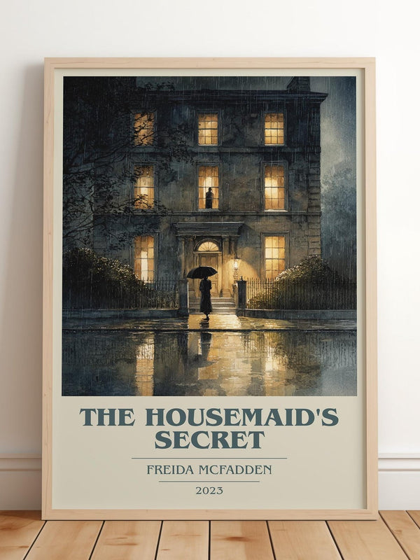 The Housemaid's Secret book cover print in frame leaning in hallway – thriller wall art