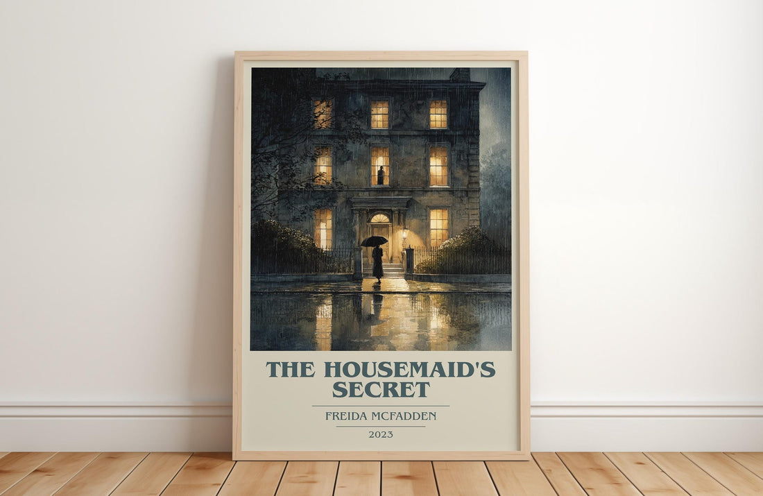 The Housemaid's Secret book cover print in frame leaning in hallway – thriller wall art (mockup)
