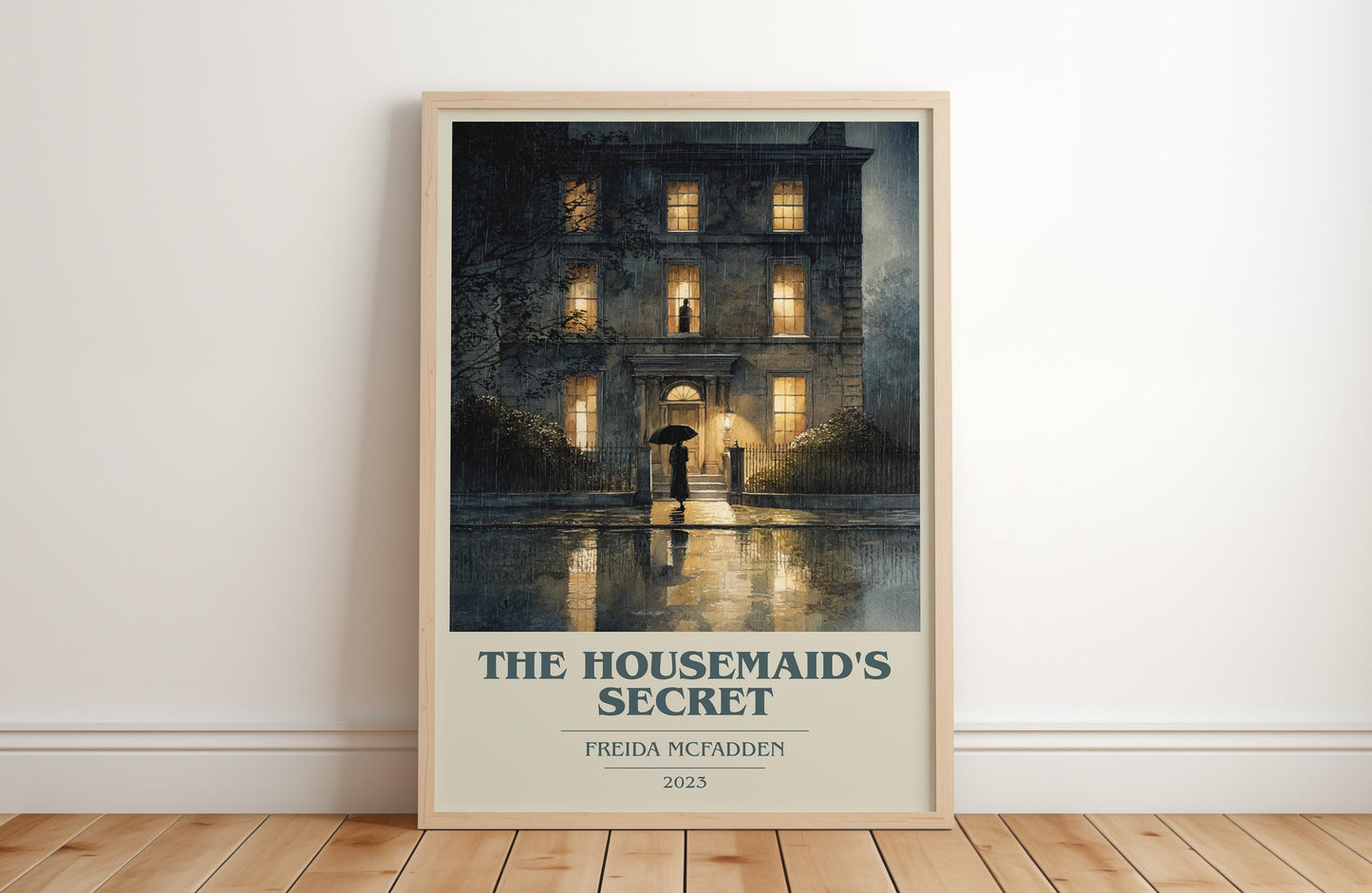 The Housemaid's Secret book cover print in frame leaning in hallway – thriller wall art