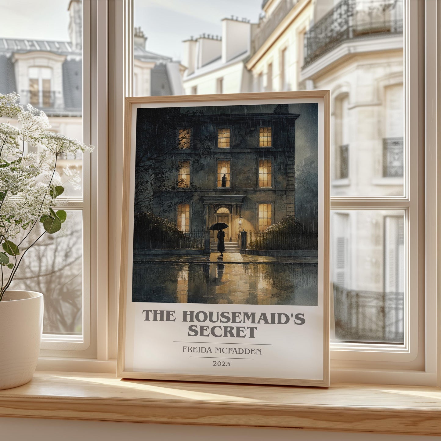 The Housemaid's Secret book cover print framed by window – literary home decor