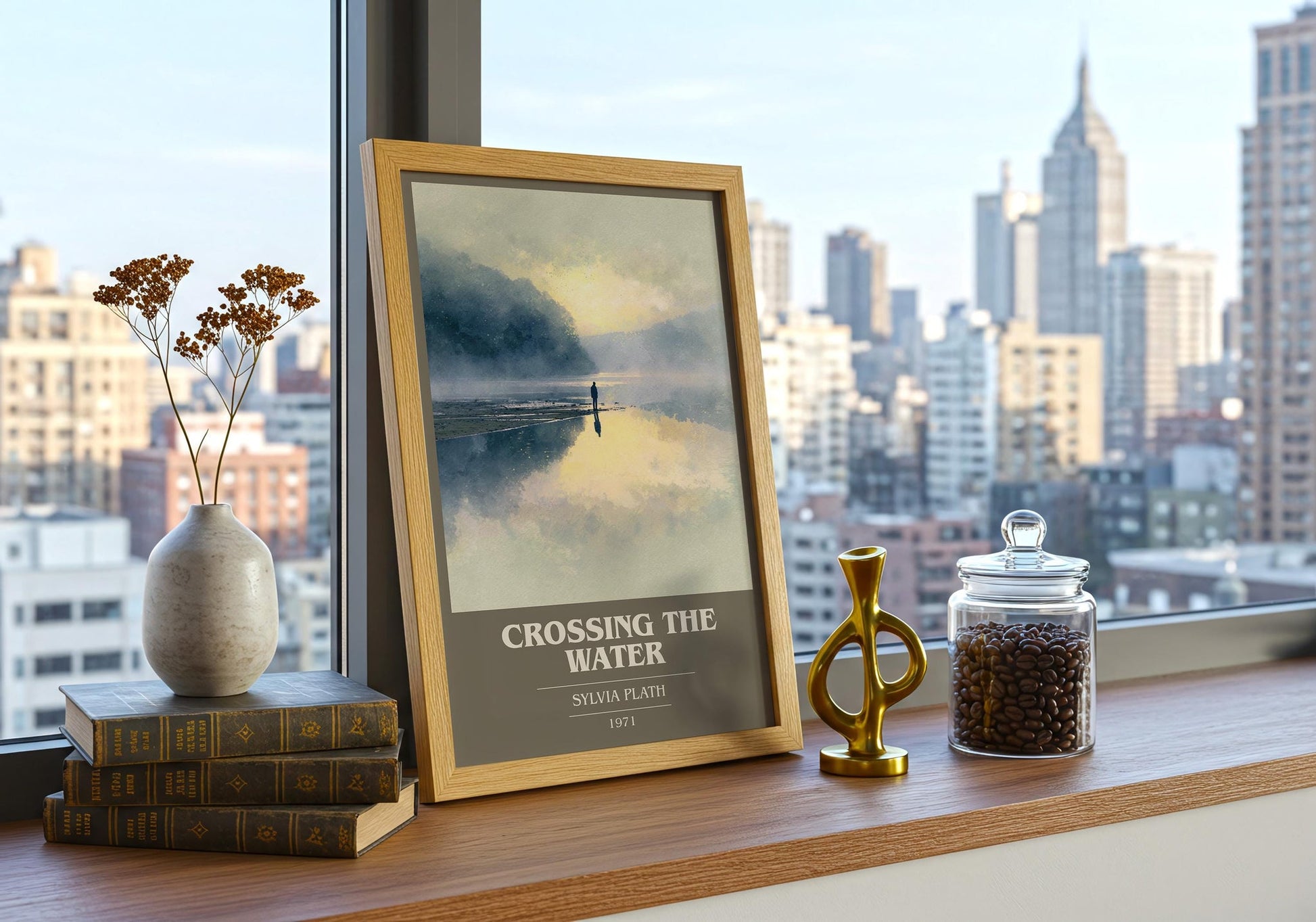 Crossing the Water book cover print framed by window – literary home decor
