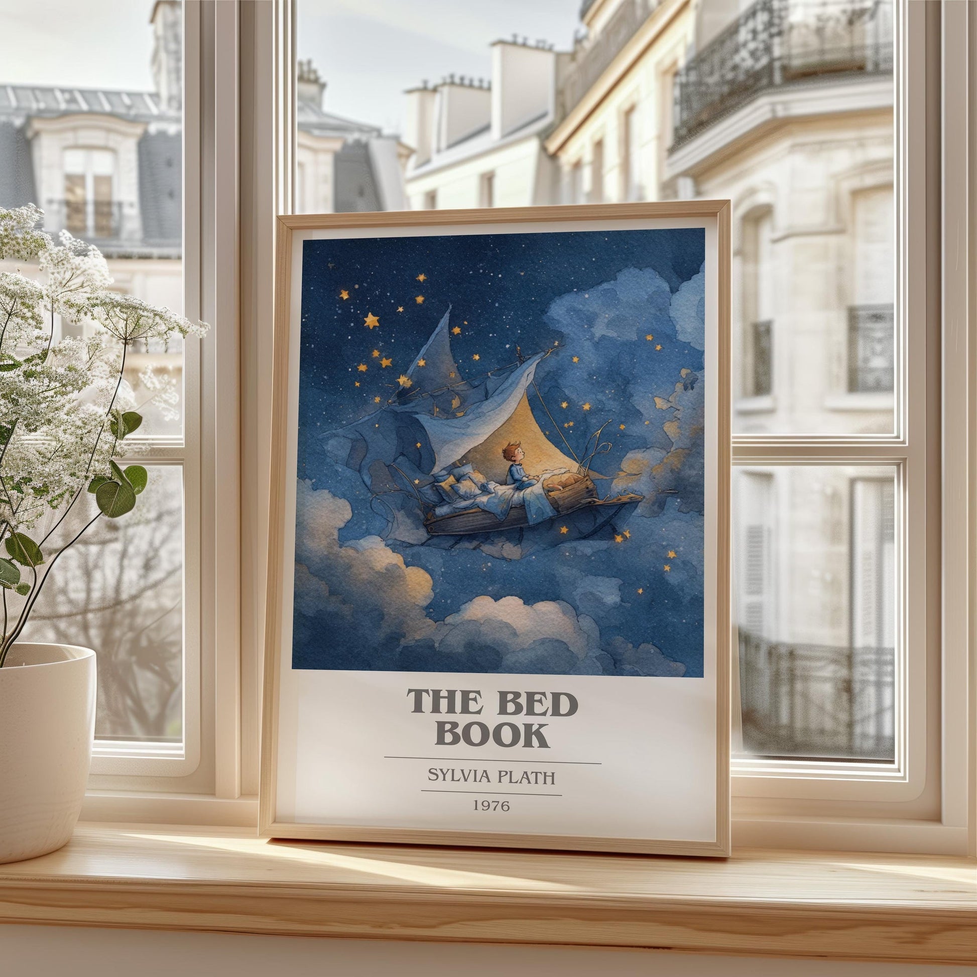 The Bed Book book cover print framed by window – literary home decor