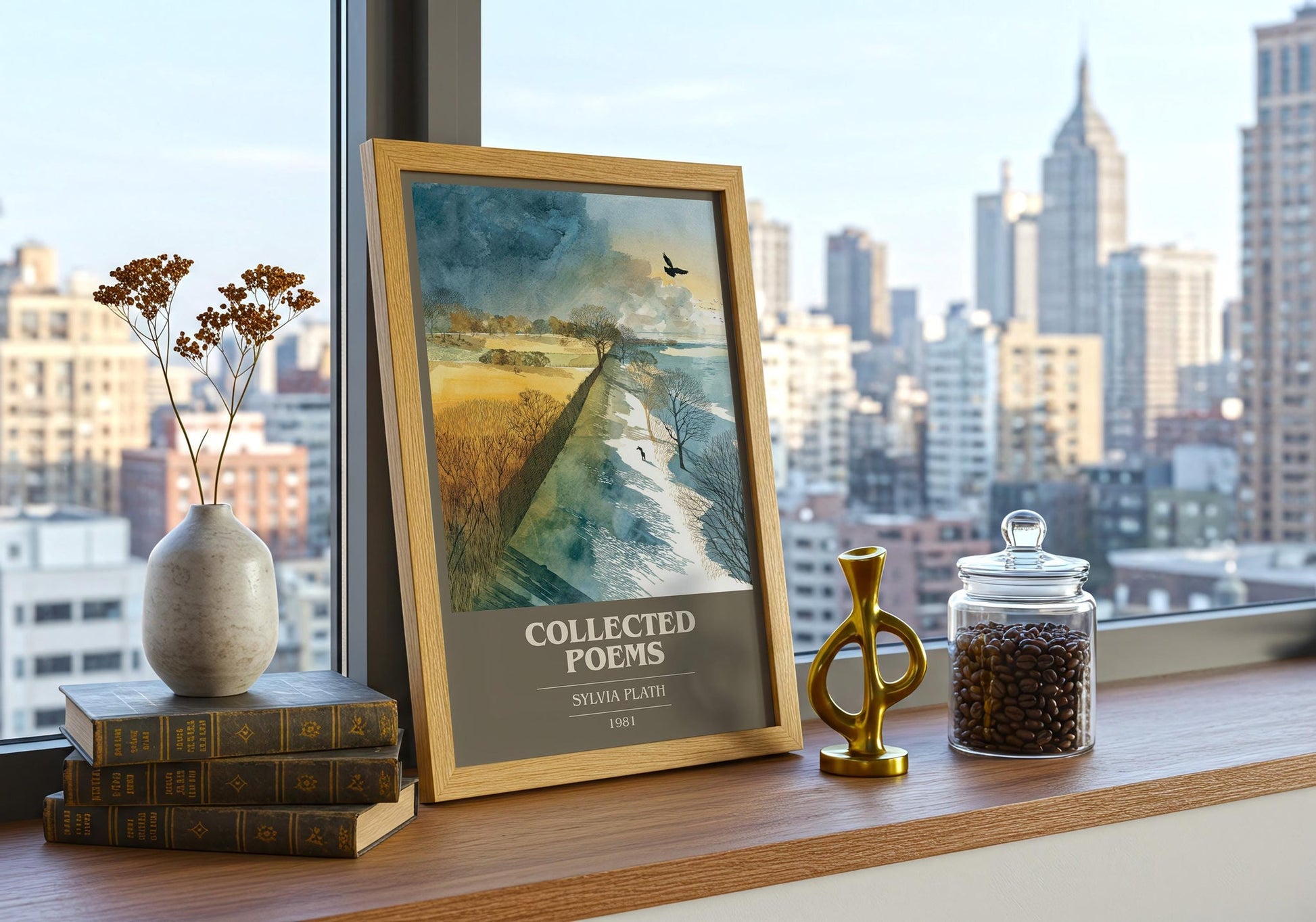 The Collected Poems book cover print framed by window – literary home decor