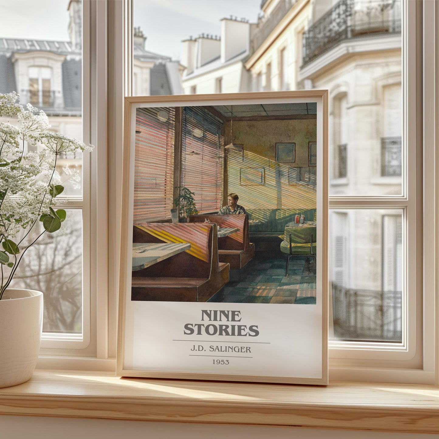 Nine Stories book cover print framed by window – literary home decor
