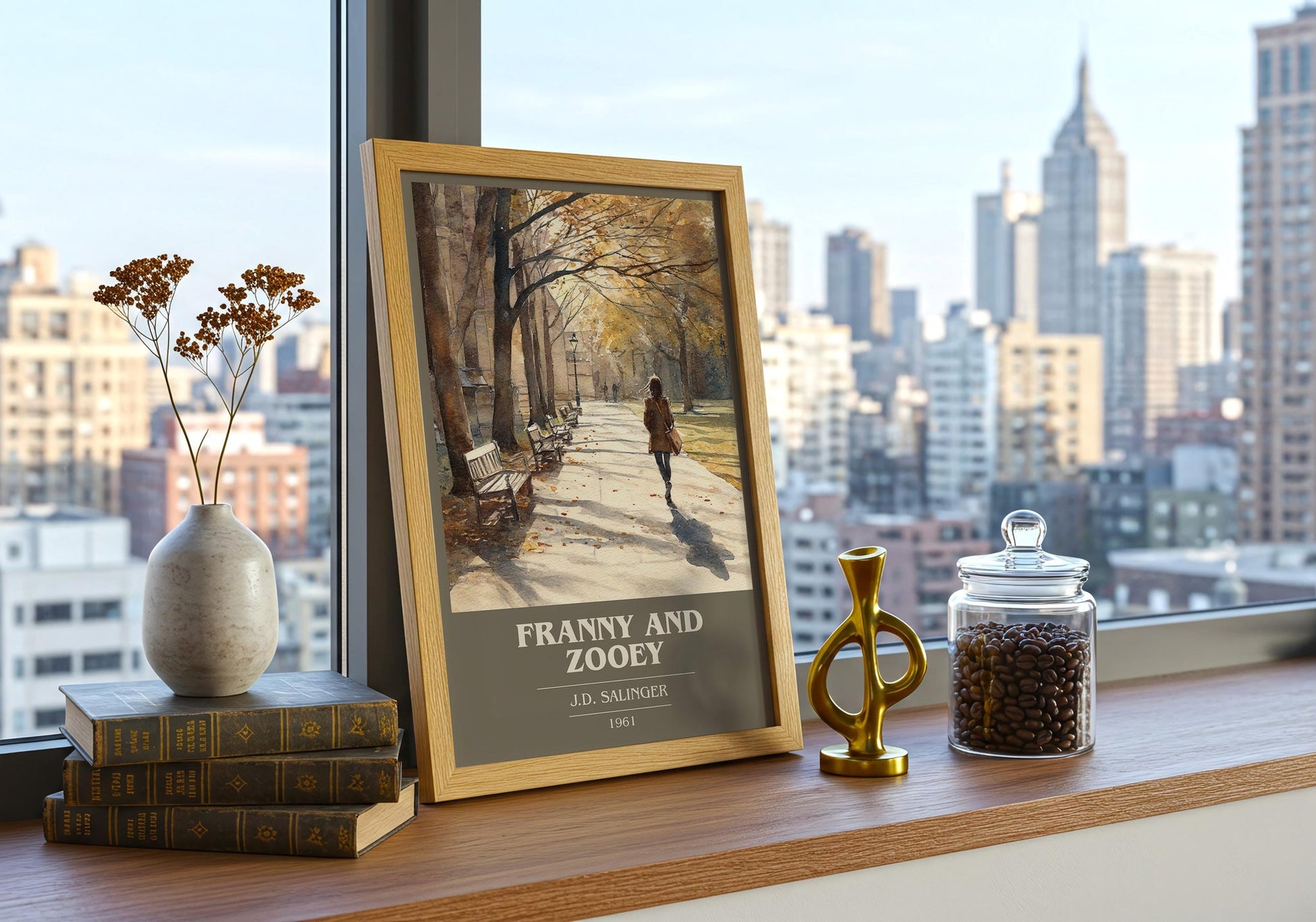 Franny and Zooey book cover print framed by window – literary home decor