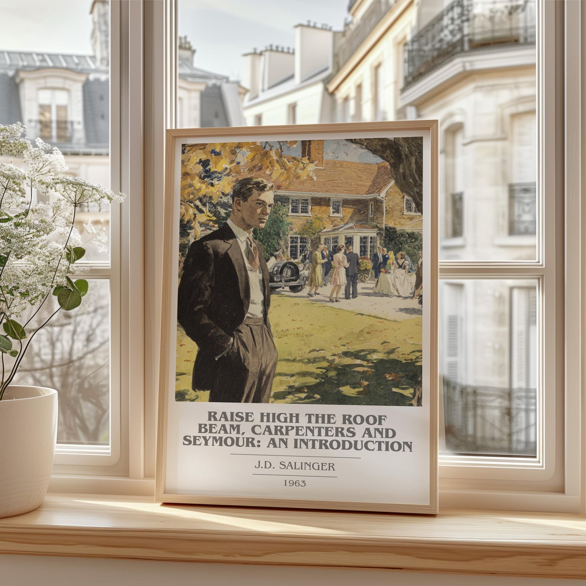 Raise High the Roof Beam, Carpenters and Seymour: An Introduction book cover print framed by window – literary home decor