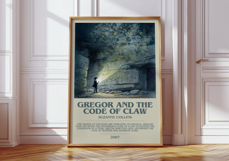 Gregor and the Code of Claw bookish print in frame leaning in hallway – fantasy wall art