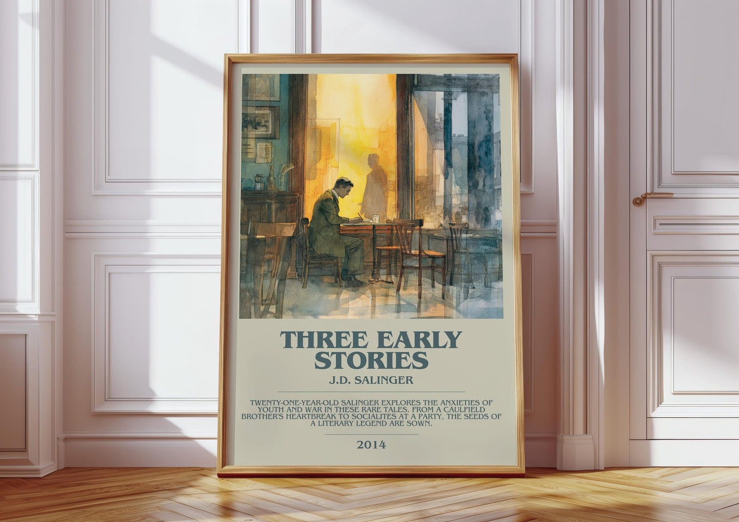 Three Early Stories bookish print in frame leaning in hallway – literary fiction wall art