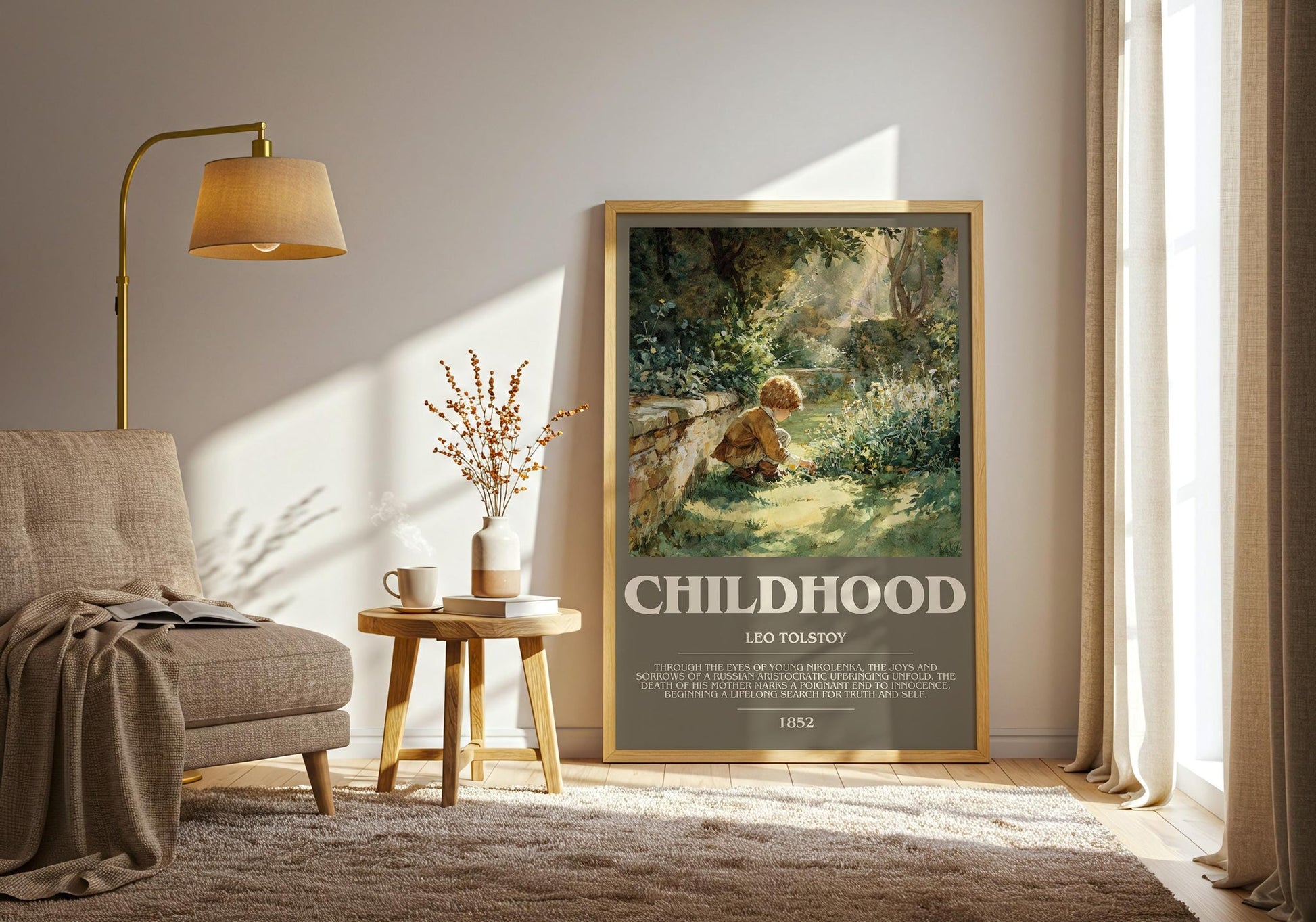 Childhood bookish print on bookshelf – Leo Tolstoy fan gift