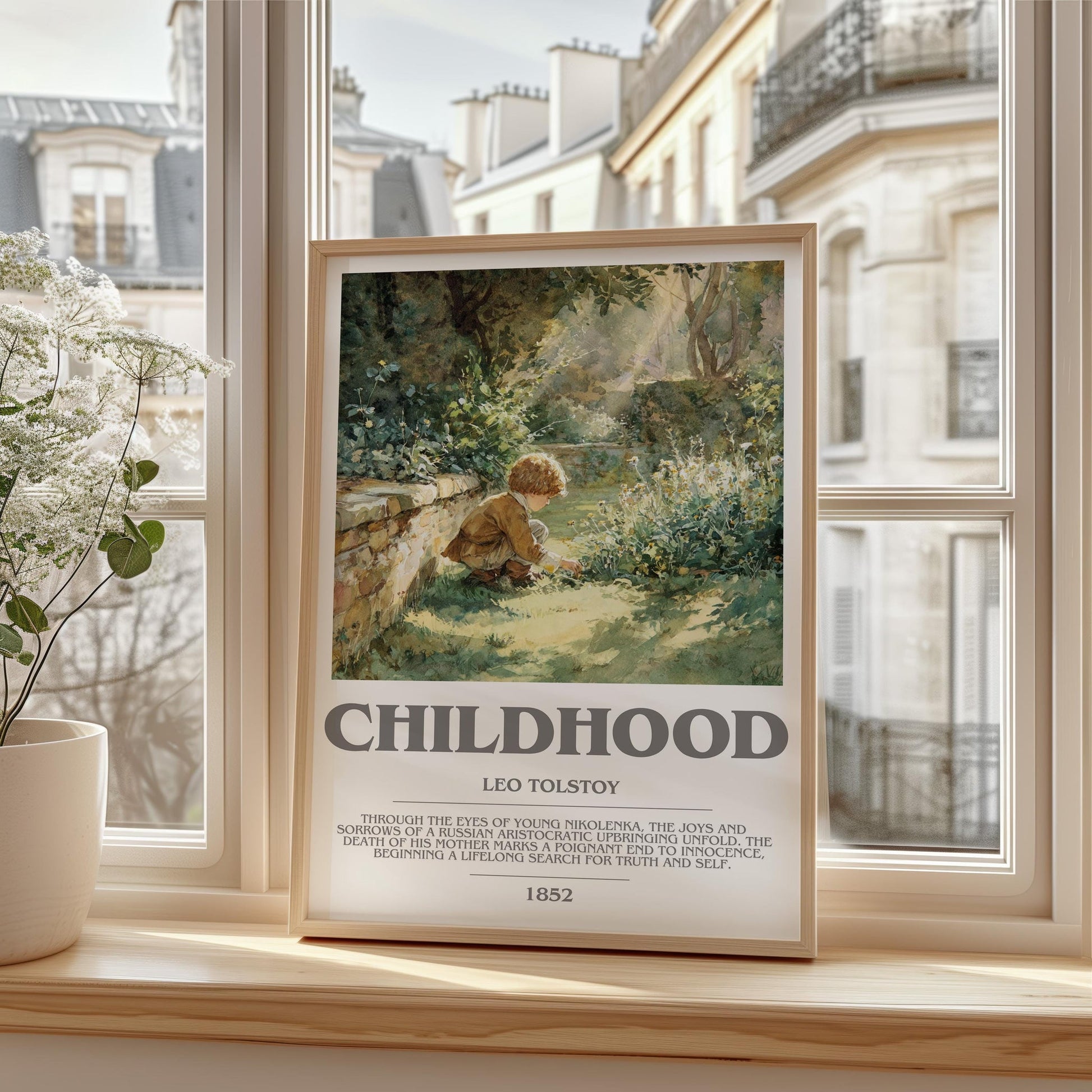 Childhood bookish print framed by window – literary home decor