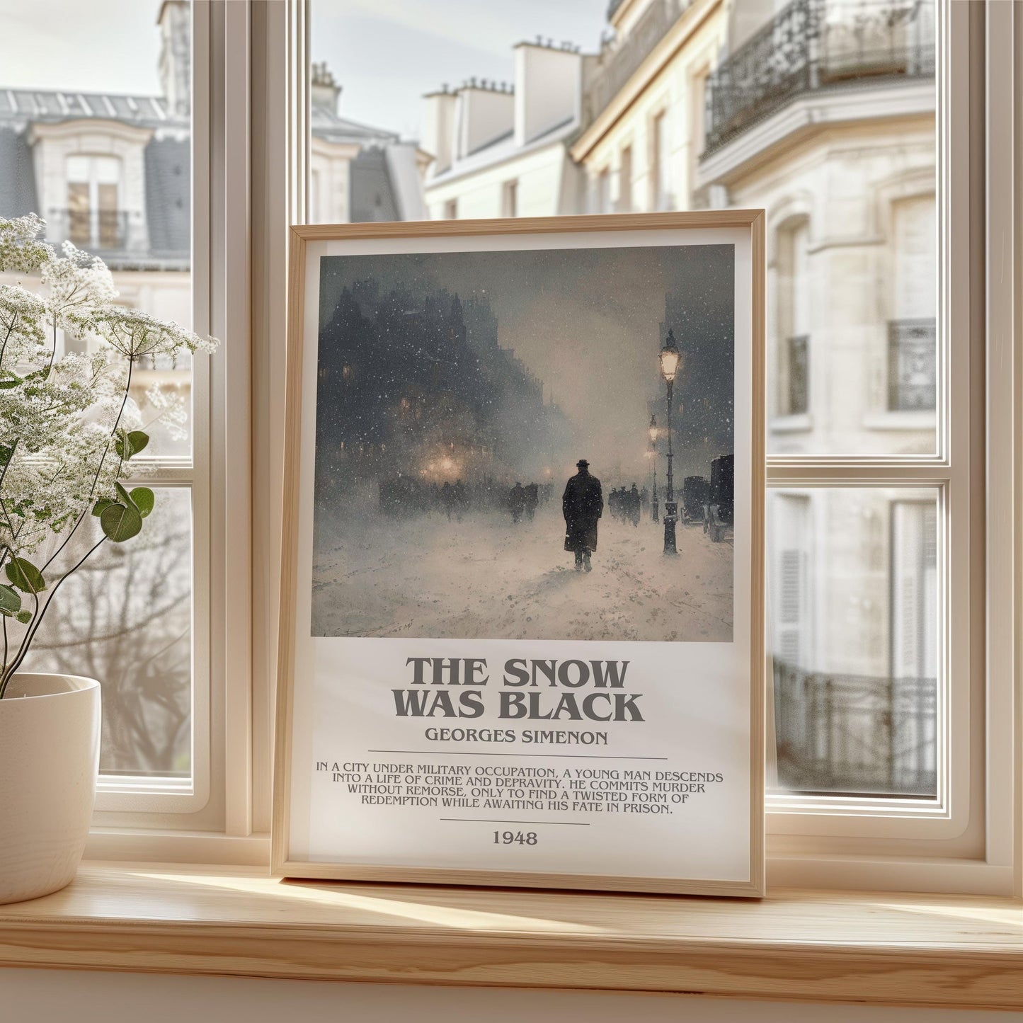 The Snow was Black bookish print framed by window – literary home decor