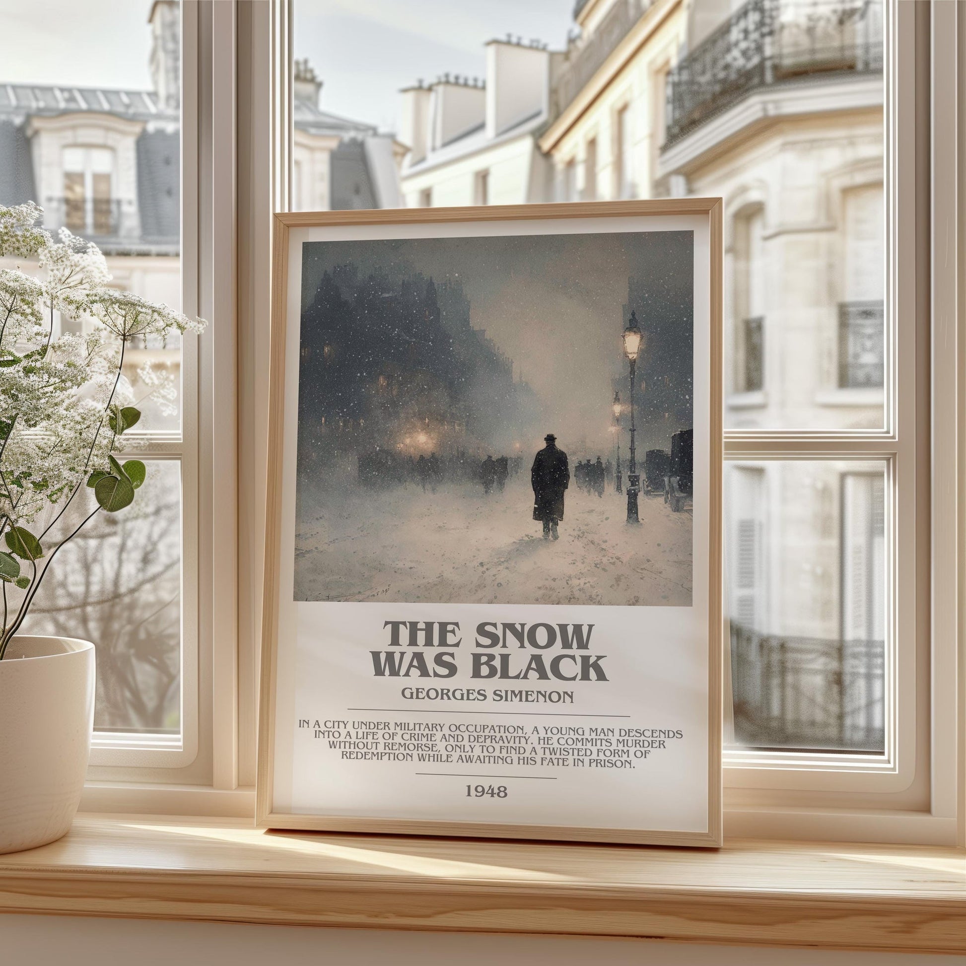 The Snow was Black bookish print framed by window – literary home decor